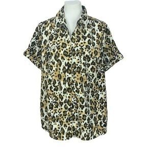 Essentials Leopard Print Short Sleeve Button Down Shirt Tan Brown 0X
